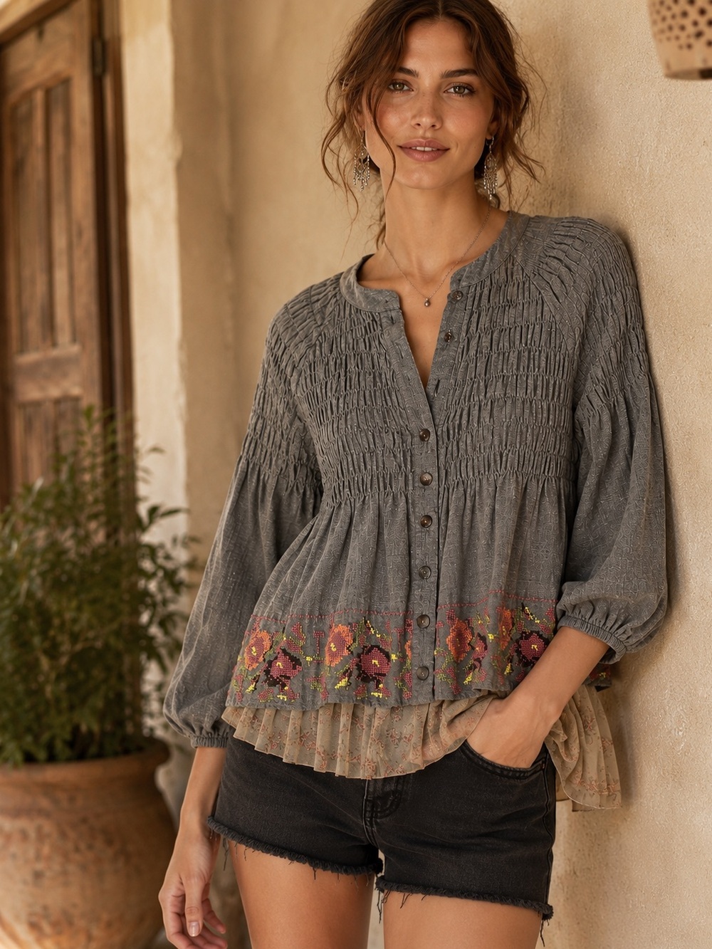 Cousin Earl Embroidered Smocked Boho Tunic Top Gray Floral Mesh Hem Size Small